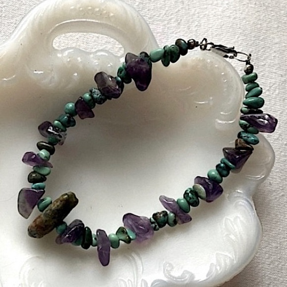 VINTAGE 8” Bracelet 925 Sterling Silver Amethyst Turquoise Hand Crafted